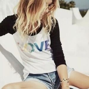 Chaser LOVE Raglan Tee Womens Medium Rainbow Black White Long Sleeve